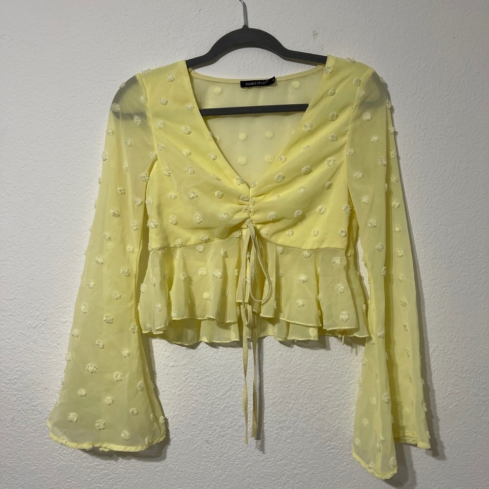 Double Crazy Yellow Swiss‎ Dot Peplum Top Bell Sleeve Cottagecore Y2K Small